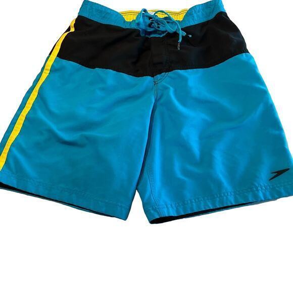 Speedo Mens Swim Trunks Size Medium Blue and‎ Black Pockets Mesh Lining - Picture 1 of 12